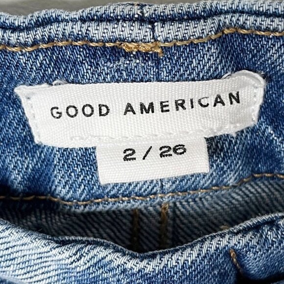 Good American Good Boy Destructed Womens Jeans 2/26 Distressed Indigo Light Wash - Picture 6 of 8